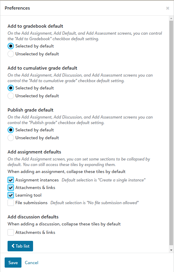 Assignment Creation default settings